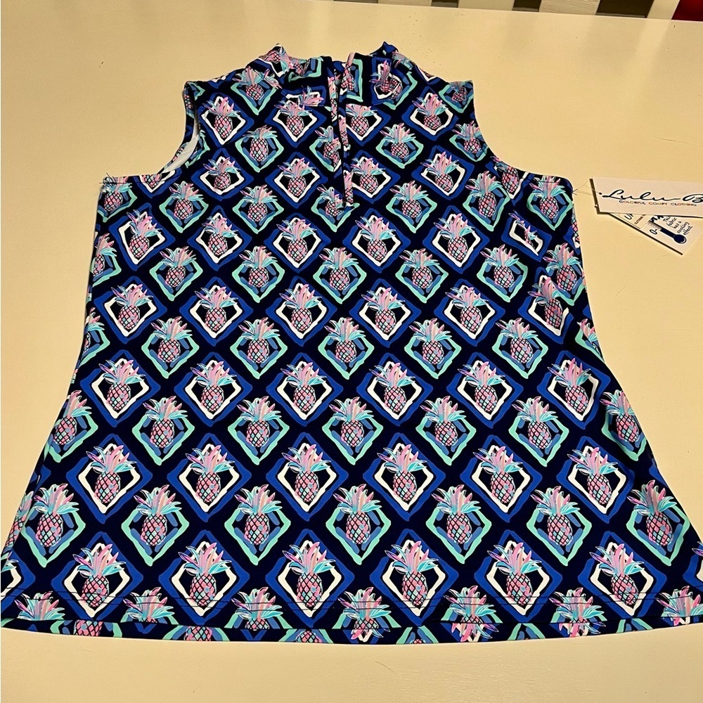 Lulu-B Pineapple Print Sleeveless Zip Mock Neck Top UPF 50+ Cooling Fabric Small